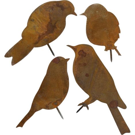 Sollbry Lot de 4 oiseaux en métal rustique - Décoration de jardin en plein air - Oiseau rouillé (1/5)