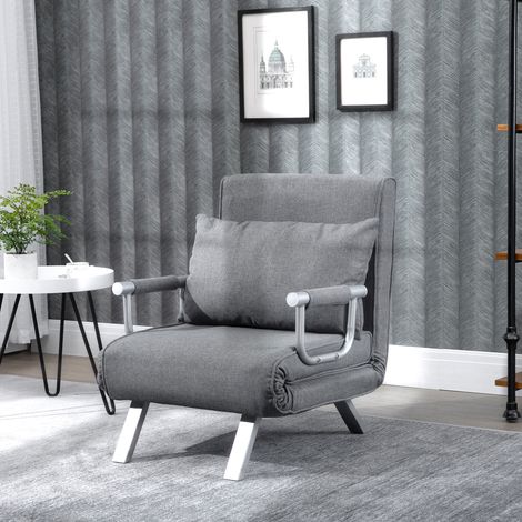 Fauteuil simple 3 en 1 convertible - moderne pour salon et bureau - pliant lin et métal - 65x69x80cm - dossier 5 niveaux - gris clair