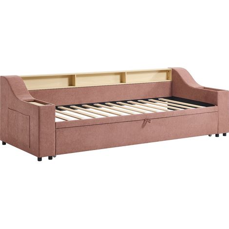 Letto estraibile 2 x 80 x 200 cm con vani portaoggetti e porta USB - Tessuto - Rosa - ORAVAYA
