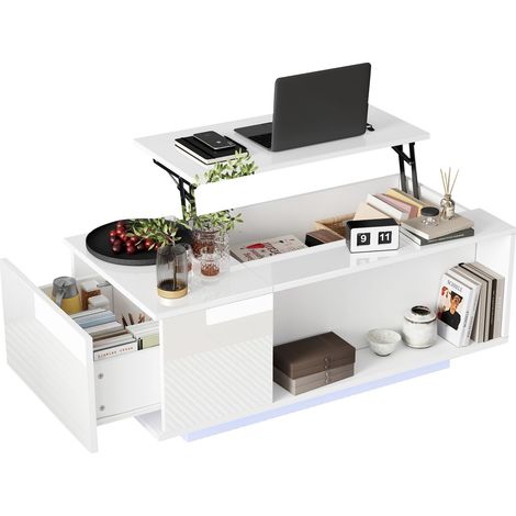 Mesa de Centro Elevable con 1 Cajón, Almacenaje Oculto y LED Bluetooth, Acabado Alto Brillo, en Aglomerado, Blanco (1/5)