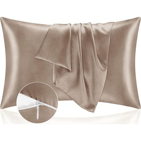 Funda de almohada de satén de 51x75cm, protege la piel y el cabello - Ultrasuave e hipoalergénica - Juego de 2 fundas de cojín con cremallera, color café. (1/4)