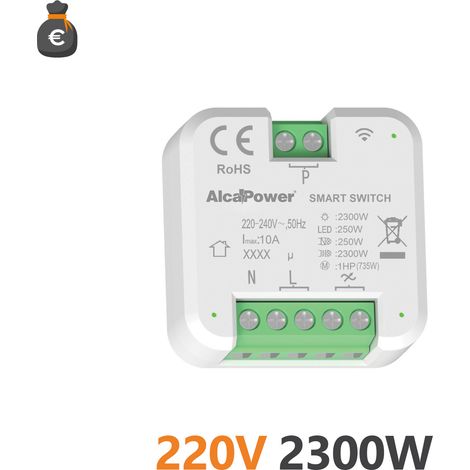 Interrupteur intelligent Alcapower 220-240 V CA 2300 W 10 A Wi-Fi pour la domotique et la gestion de la charge électrique - 44 x 44 x 22 mm