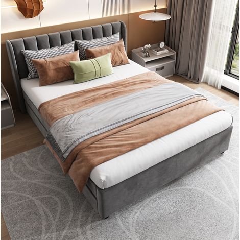 Letto imbottito per adulti 140x200 cm, con rete a doghe e 2 cassetti, in velluto grigio, senza materasso (1/5)