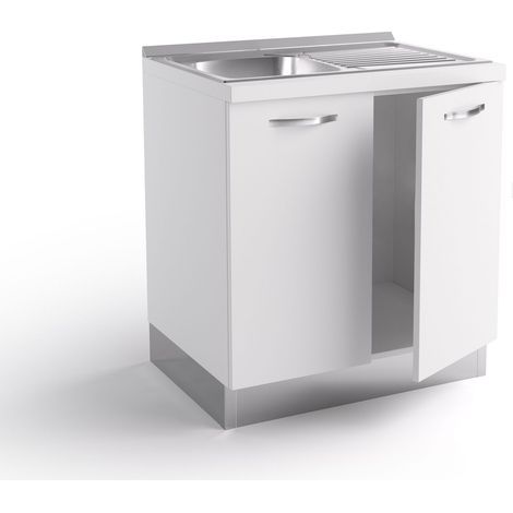 Base de fregadero de cocina 80x60x84 cm en madera blanca mate con fregadero de acero inoxidable y dos puertas - Massa