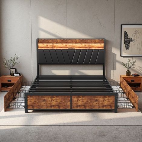Letto matrimoniale 180x200cm - Rete integrata - 4 cassetti di contenimento - Porte USB & LED - Design industriale