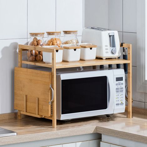 Estante para Horno de Microondas, Soporte Microondas de Madera, Encimera de Cocina de 2 Niveles con 4 Ganchos, Cocina Organizador estanteria