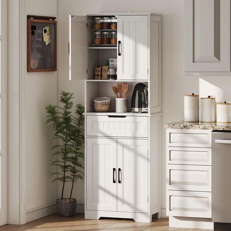 Aparador alto de cocina, despensa con orificio para cable y soporte para microondas, mueble de cocina con 2 armarios, cajón, estantes ajustables, para comedor, sala de estar, 60x30x172cm, blanco