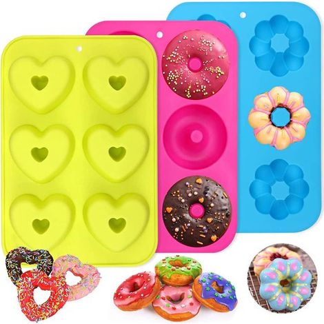 Cosensi，Moldes de silicona para donuts，Molde para hornear，3 piezas，Verde，rosa，azul，Revestimiento antiadherente，6 cavidades (1/5)
