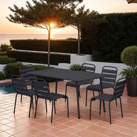 Ensemble table de jardin + 6 chaises en métal gris - BACA