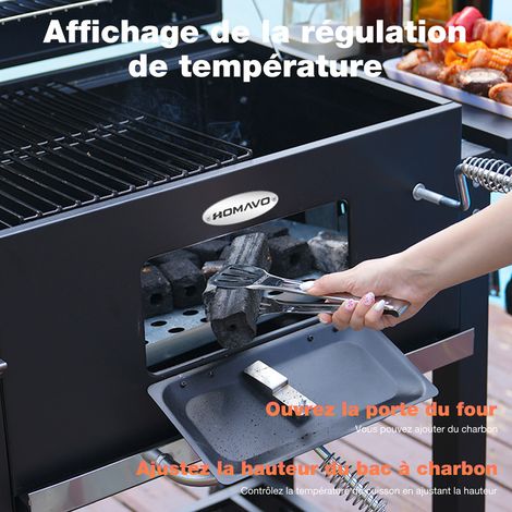 HOMAVO Barbecue Charbon de Bois, Surface de Cuisson: 56×42,5 cm, Bac à Charbon Réglable en Hauteur, Table Latérale Pliante, Thermomètre, Housse Barbecue Incluses