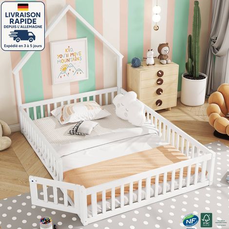 Lit cabane enfant 140 x 190 cm - avec sommier et barrières - Bois Certifié PEFC - Style simple - blanc (1/5)