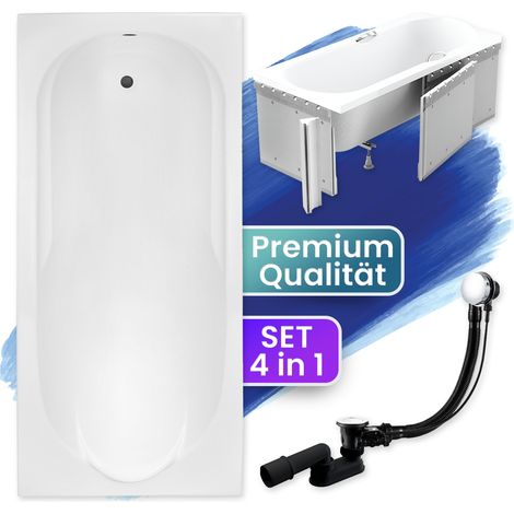 Badewanne Rechteck 140x70 mit Styroporverkleidung, Ablaufgarnitur & Füßen GRATIS - Komplettset 4in1 Original Acryl Wanne Siphon - BADLAND BONA (1/5)