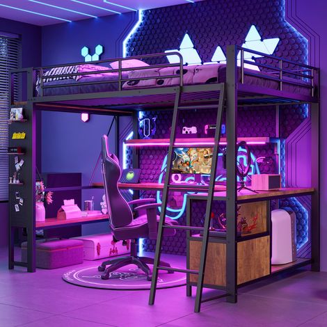 Cama alta 140x200 con estructura de hierro, cama litera infantil con tira LED, escritorio, almacenaje, múltiples estantes, panel perforado y puerto USB – sin colchón (1/5)