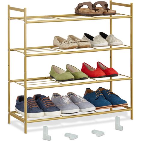 Relaxdays Schuhregal, Metall, mit 4 Ebenen, stapelbar, erweiterbar, HBT 70 x 70 x 26 cm, für bis zu 12 Paar Schuhe, gold