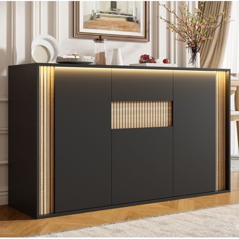 Buffet 3 portes 1 tiroir LED réglable 140 x 40 x 82 cm noir et naturel DESVIAE (1/5)