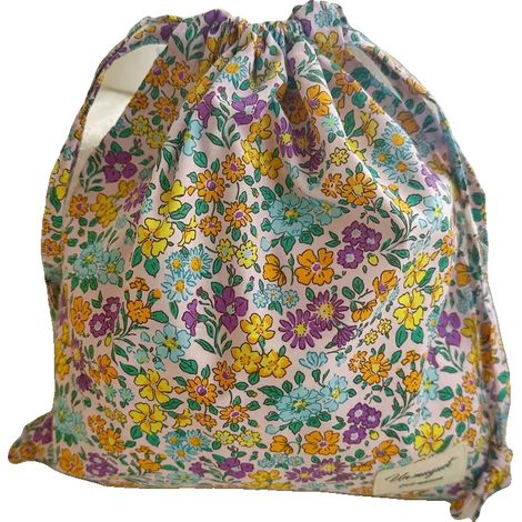 Borsa in cotone con coulisse, design floreale fatto a mano, organizer multiuso, E (1/2)