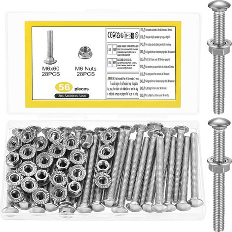 28Pcs Boulons de Carrosserie M6 x 60mm, Boulons Tête Ronde Collet Carré M6, Boulon de Carrosserie, Boulon avec Écrou à Bride Hexagonal, Vis à Tête Bombée en Acier Inoxydable (1/5)