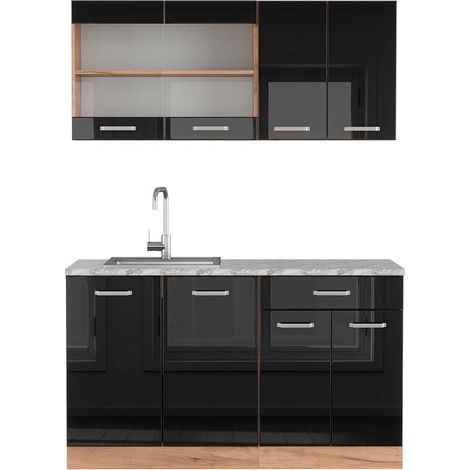Cucina monoblocco R-Line, Rovere nero/oro lucido, 140 cm , PL Marmo, Vicco