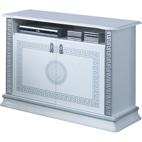 Meuble TV 2 portes 1 niche bois vernis laqué brillant blanc et gris Venus 100cm (1/2)