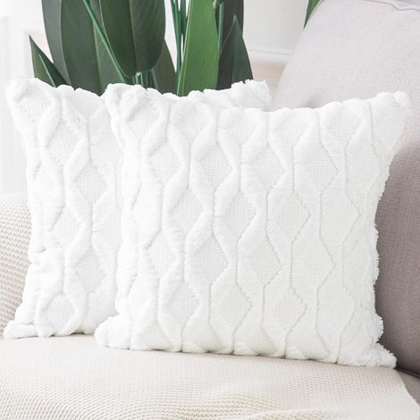 2 pcs Doux Peluche Laine Courte Velours Décoratif Housses de Coussin Luxe Style pour canapé Chambre Blanc 45x45 cm (1/5)