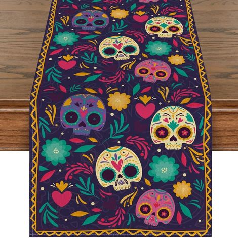 Chemin de table mexicain pour la Fête des Morts, motif floral et crânes, décoration d'Halloween pour salon et meuble TV - 30 x 180 cm (polyester) - WSJZQ-8