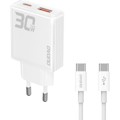 Caricabatterie da parete GaN da 30 W con connettore USB-A - USB-C e cavo USB-C incluso - Bianco (1/5)
