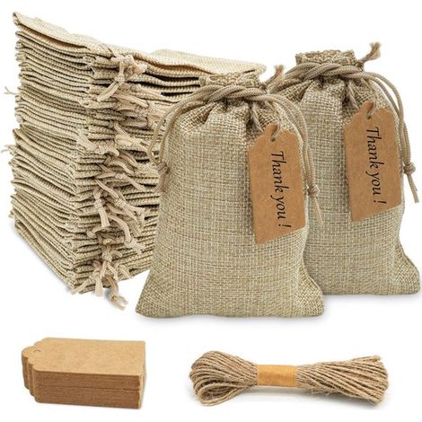 30 Sacs en jute avec petites étiquettes cadeaux - 10 x 14 cm - Décoration de Noël DIY - Calendrier de l'Avent à remplir - Sac cadeau en jute brun (1/5)
