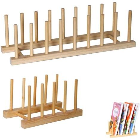 2 Pièces Support Bambou Assiettes, Égouttoir à Vaisselle en Bambou, Porte Vaisselle Cuisine, 4 Emplacements et 8 Emplacements, pour Tasses, Assiettes, Planches à Découper, CD, Livres (1/5)