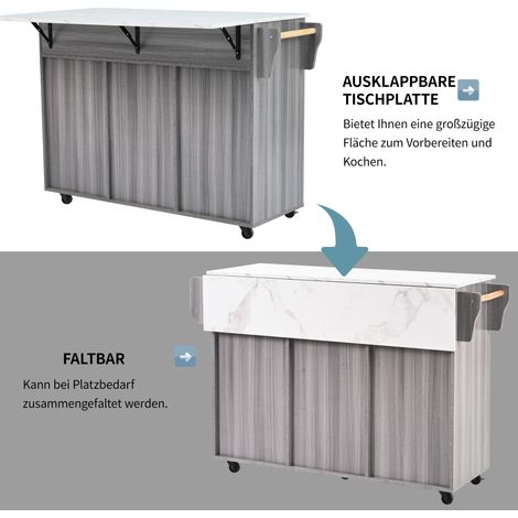 Buffet roulant 139x46(71)x91,5 cm, placage bois massif gris, plan de travail marbre blanc, armoire avec abattant, plateau rabattable et rangements, meuble d'appoint polyvalent (1/5)