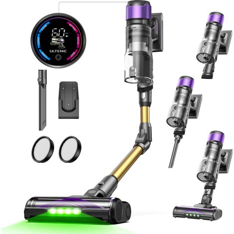 Ultenic UW20, aspirapolvere cordless iperpotente 55KPA, 600W, tecnologia GreenEye™, 60 minuti di autonomia, 1,5L, tubo pieghevole, spazzola anti-crespo, multifunzione, oro