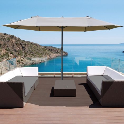 Outsunny Parasol de jardin XXL avec pied en croix parasol grande taille 4,6L x 2,7l x 2,4H cm ouverture fermeture manivelle acier polyester haute densité café (1/5)