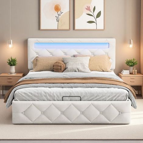 Bett 160x200 cm, Bett mit Stauraum für Erwachsene 160x200 cm mit Lattenrost, Bettgestell, LED, 2 Personen, Stauraum, Beige