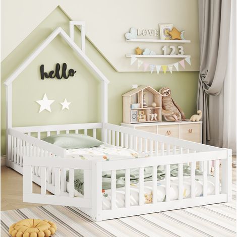 MEUBLIV Lit cabane 90x200 cm blanc – toit cheminée et garde-corps, sans matelas (1/5)