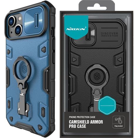 Funda Nillkin CamShield Armor Pro para iPhone 14 Plus, resistente, con protector de cámara y soporte de anillo azul. (1/5)