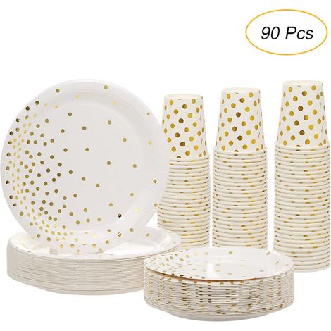 Assiettes jetables dorées, ensemble de vaisselle jetable de 90 pièces, gobelets jetables, grandes assiettes, assiettes à dessert, gobelets en papier, pour anniversaires, fêtes et mariages (1/5)
