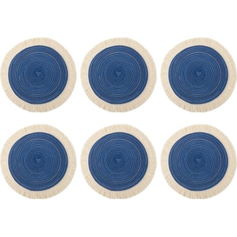 Manteles individuales redondos con pompón resistentes al calor, 6 unidades, color azul.