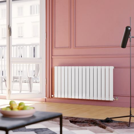 ELEGANT White Horizontal Column Designer Radiator Single Flat Panel Radiator Heater 600 x 1216 mm + White Thermostatic Radiator Valves (1/5)