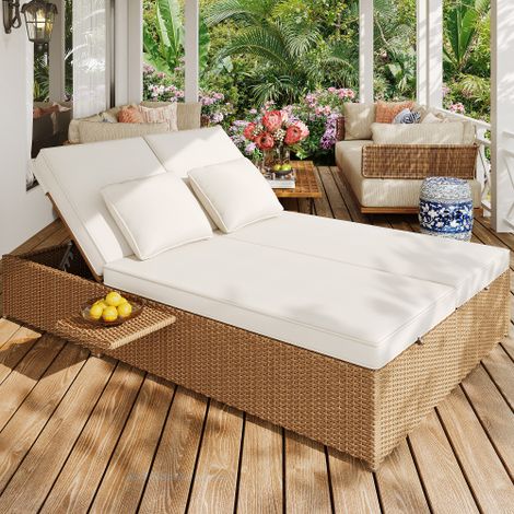 Meuble de jardin, canapé convertible avec coussins, dossier réglable, canapé de jardin 2 places, en rotin, blanc (1/5)