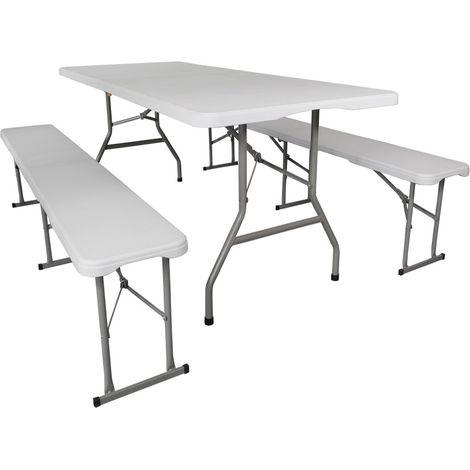 Ensemble table et bancs de jardin - 8 pers - 180 cm - Table pique nique + 2 bancs pliants camping - Blanc (1/5)