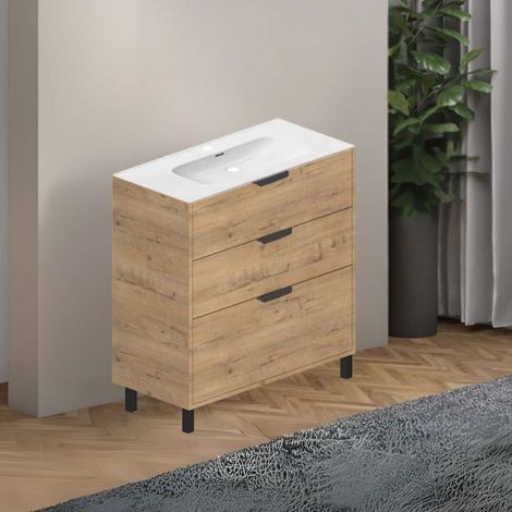 Mueble de baño 80 cm con 3 cajones y lavabo incluido color roble patas negras - Albira (1/3)