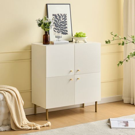 Buffet de Rangement 80x36x90 cm Blanc en MDF avec Portes Texturées, Poignées en Alliage de Zinc et Pieds en Acier (1/5)