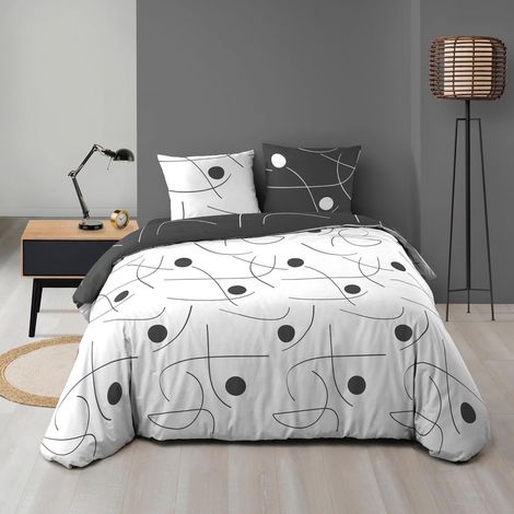 Douceur D'Intérieur – Parure de lit réversible 240 x 220 cm microfibre – 2 taies 63 x 63 cm – Linge de lit léger et aérien pour nuits d'été