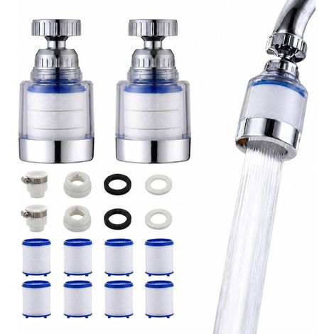 Lot de 2 embouts de détartrant pour robinet, filtre à eau à 360°, raccord domestique avec 8 filtres haute performance, filtre anti-calcaire universel pour cuisine, évier, salle de bain (1/5)