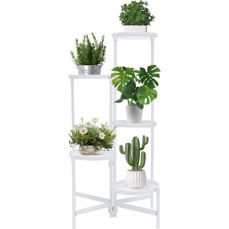 Étagère à plantes métallique à 5 niveaux décalés, support pour pots de fleurs, porte‑plante d’intérieur pour salon, balcon et chambre - blanc (1/5)