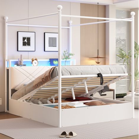 letto contenitore 140x190 con LED USB metallo bianco HAVRYA (1/5)