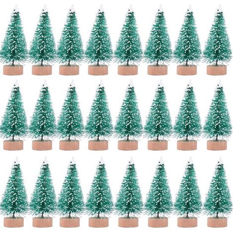 Lot de 24 mini sapins de Noël artificiels - Givrés avec base en bois - Verts - Décoration de Noël (1/5)