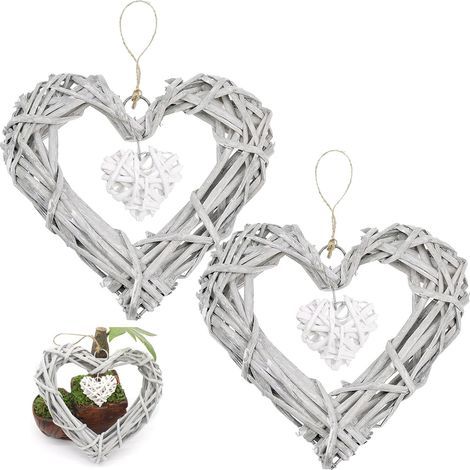 Objets Décoratifs en Forme de Cœur 2 Pièces Couronne en Osier en Forme de Cœur à Suspendre Couronne Décorative à Suspendre Cœurs Décoratifs Rotin Suspendus Deco Murale Rotin Couronne Osier (1/5)