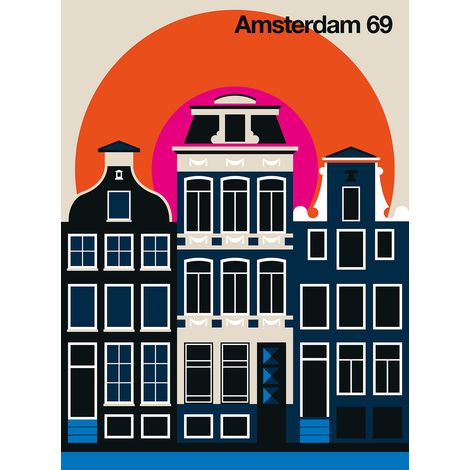 Papier peint panoramique urbain Amsterdam orange, rose & bleu Tapisserie panoramique rétro chambre ado Papier peint panoramique ville rétro salon (1/2)