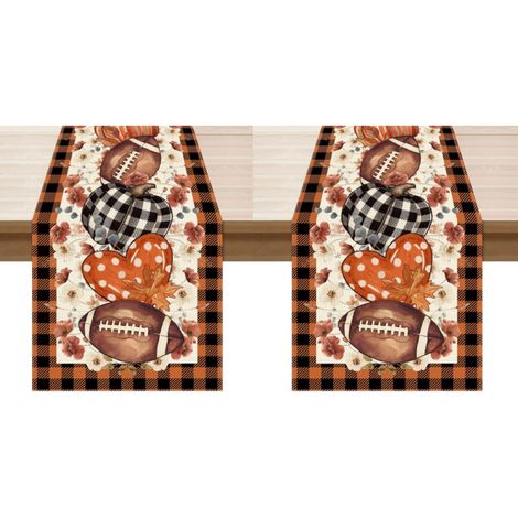 Camino de mesa otoñal con estampado de corazones de rugby, decoración de interiores, 33 x 183 cm, decoración de mesa floral con calabazas y estampado de cuadros búfalo (2 piezas) (1/4)