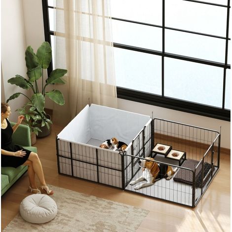 Parc pour chiots avec 7 panneaux, 2 zones, tapis lavable, 203 x 102 x 60 cm, noir HAVRYA (1/3)